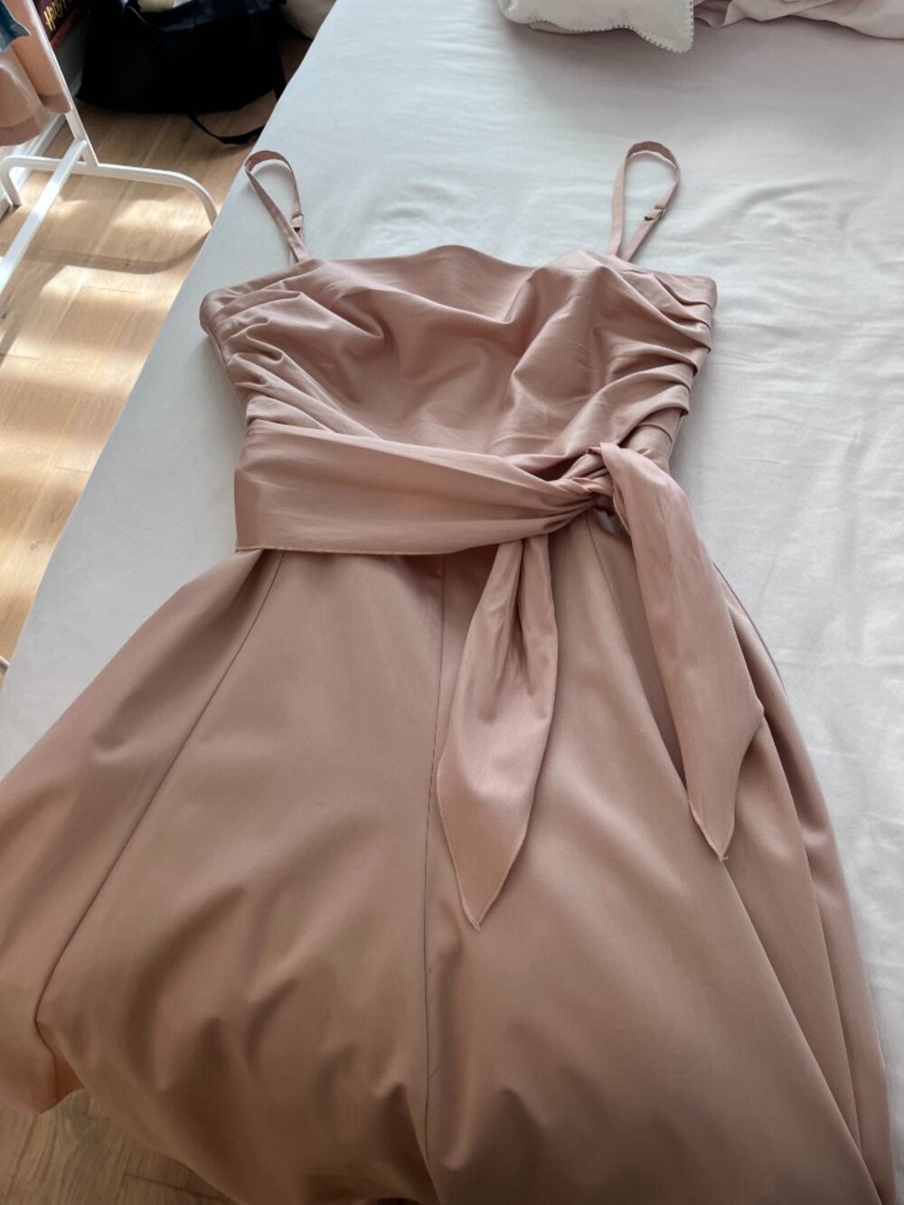 Blush Pink Cotton Fit & Flare Midi Dress Draped Bodice, Tara Jarmon, FR 40, US 8 - Picture 4 of 14